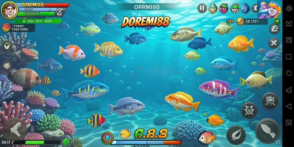 Tampilan gameplay seru DOREMI88 dengan ikan berwarna-warni.