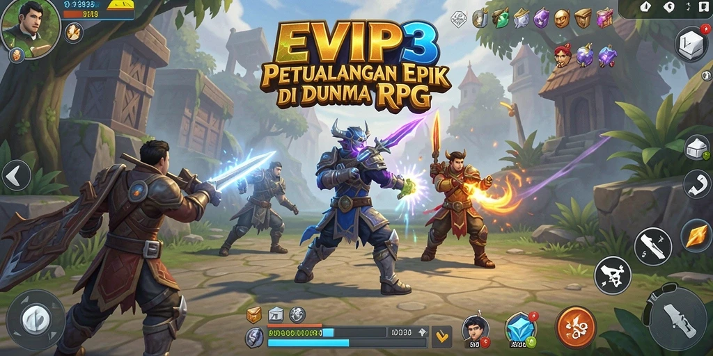 Screenshot utama EVIP3 menampilkan pertempuran seru di dunia RPG.