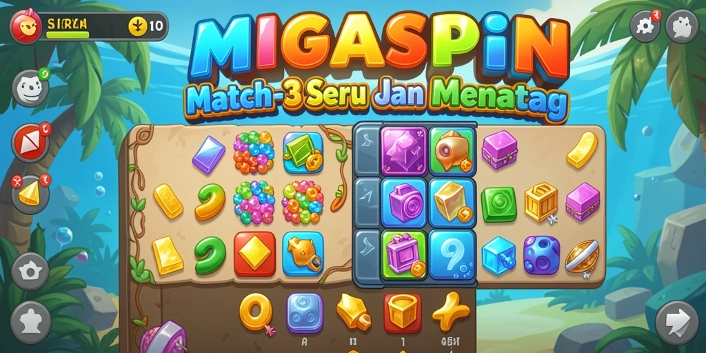 Screenshot MIGASPIN menampilkan aksi permainan Match-3 yang seru.