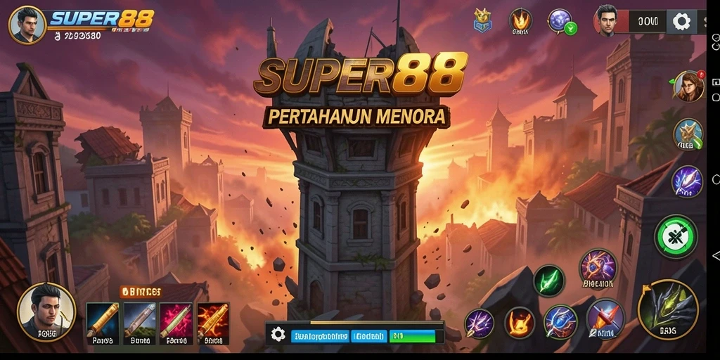 Screenshot SUPER88 menampilkan pertempuran menarik di dalam game Tower Defense.